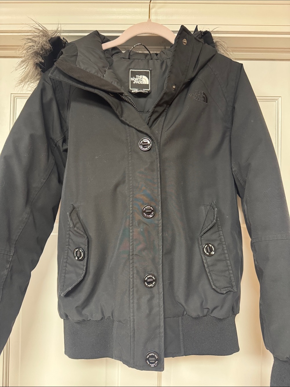 The North Face Women's Black Hooded Puffer Jacket with Faux-Fur Trim